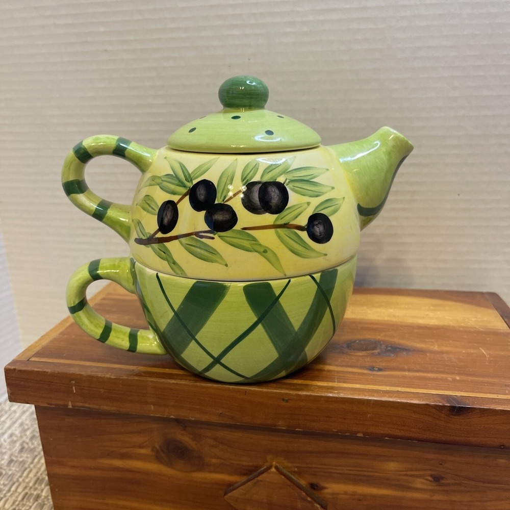 Olive Tea For One Set Teapot and Cup Stackable Kitchen Decor Ceramic - Picture 2 of 12